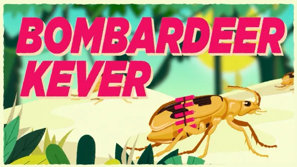 Illustratie van geelkleurige kever met dynamietstaafjes op zijn rug.