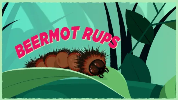 Illustratie van bruine harige rups op blad.