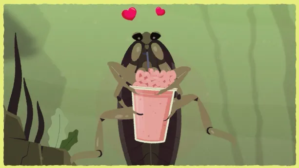 Illustratie van een kakkerlak met roze ingewandensmoothie in het water.