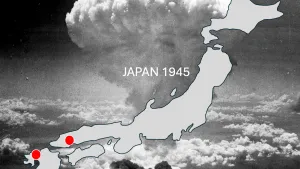 Foto van een ontploffende atoombom met een kaart van Japan in 1945.