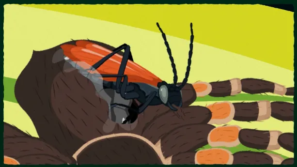 Illustratie van wespachtig insect met rode vleugels die uit het lijf van een tarantula kruipt.