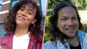 Een splitscreen foto van de twee presentatoren, links Serah voor ene huis, rechts Pascal in een park. 