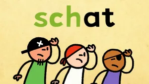 Illustratie van drie piraten die met op zoek zijn naar een schat, het woord schat staat boven hun hoofden geschreven.