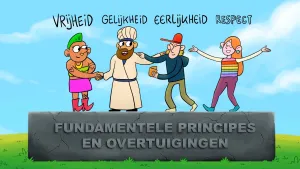 Illustratie van mensen op een rots met de tekst 'fundamentele principes en overtuigingen', boven hun hoofden staan de waarden vrijheid, gelijkheid, eerlijkheid en respect.