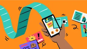 Illustratie van hand met mobiele telefoon waarin berichten voorbij komen die allemaal schreeuwen om aandacht.