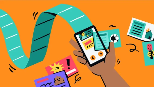 Illustratie van hand met mobiele telefoon waarin berichten voorbij komen die allemaal schreeuwen om aandacht.