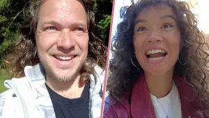 Een splitscreenfoto van beide presentatoren, Pascal links, Serah rechts.