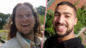 Een splitscreenfoto van beide presentatoren, links Pascal, rechts Nizar. 