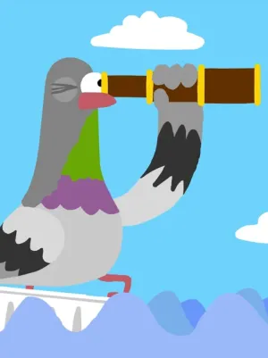 Illustratie van een duif in een patatbakje met een verrekijker voor zijn oog.