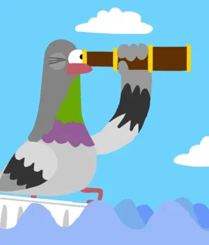 Illustratie van een duif in een patatbakje met een verrekijker voor zijn oog.