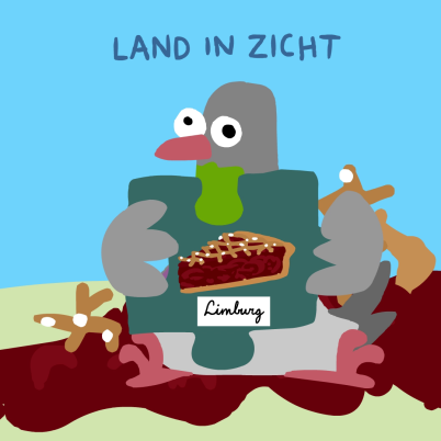 Illustratie van duif met puzzelstukje met daarop een Limburgse vlaai