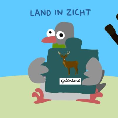 Illustratie van duif met puzzelstuikje met daarop een edelhert.