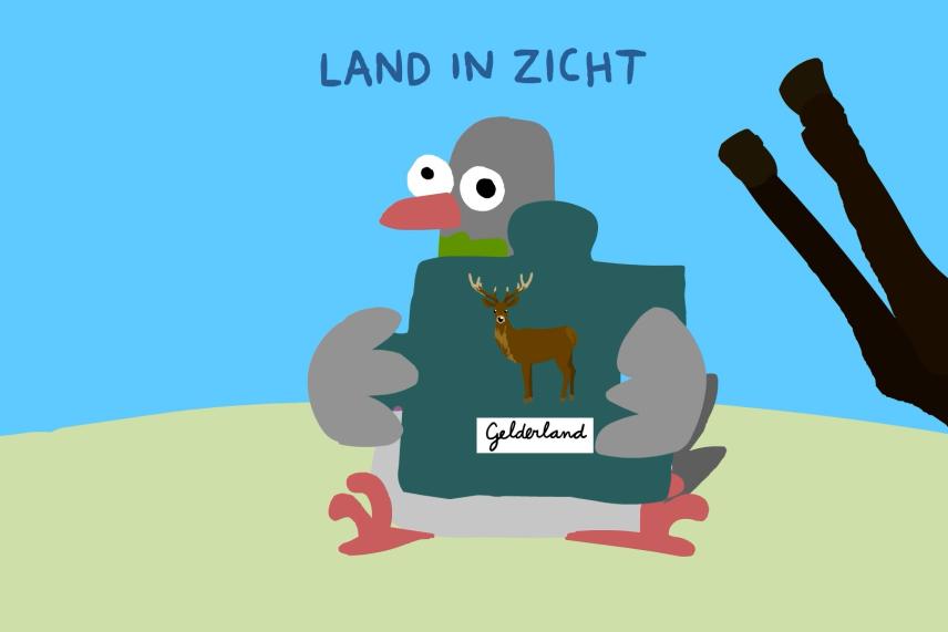 Illustratie van duif met puzzelstuikje met daarop een edelhert.