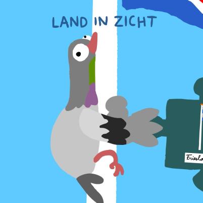 Illustratie van duif die tegen een vlaggenmast is gevlogen met in zijn hand een puzzelstukje met daarop de Friese vlag