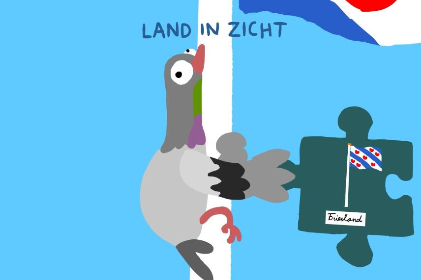 Illustratie van duif die tegen een vlaggenmast is gevlogen met in zijn hand een puzzelstukje met daarop de Friese vlag