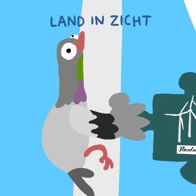 Illustratie van duif die tegen een windmolen is gevlogen met in zijn hand een puzzelstukje met daarop drie windmolens.