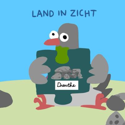 Illustratie van een duif met een puzzelstuk met daarop een hunebed uit Drenthe.