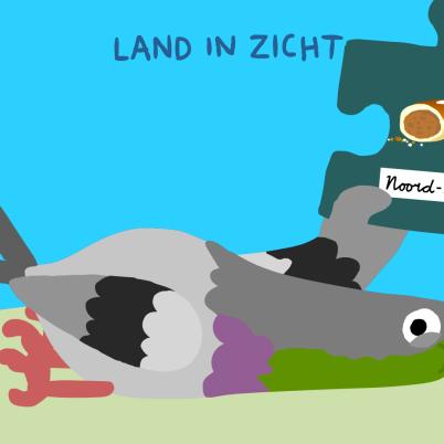 Illustratie van duif met puzzelstukje van worstenbroodje.