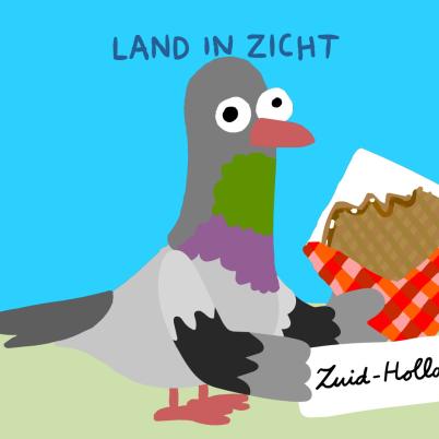 Illustratie van duif met stroopwafel in een geruit papiertje.