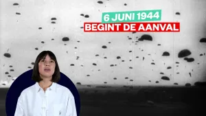 Foto van Meau voor foto van luchtlanding tijdens D-Day en de tekst '6 juni 1944 begint de aanval'.