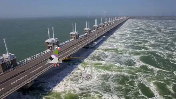 Foto van Oosterscheldekering met illustratie van duif die erop zit te vissen.