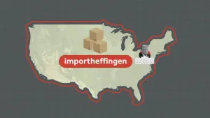 Illustratie van de VS met het woord 'importheffingen' erin geschreven en om de VS heen een dikke rode lijn.
