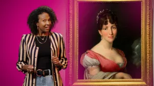 Presentatrice naast een schilderij uit de 17e eeuw van een jonge vrouw