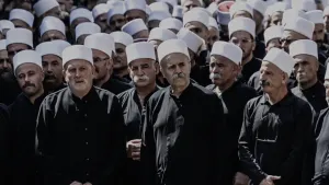 Foto van een groep Druzen-mannen met witte hoofdkappen.