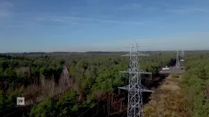 Een foto van een bos in vogelperspectief, je ziet de hoogspanningsmasten er bovenuit komen, op de achtergrond zie je een snelweg.