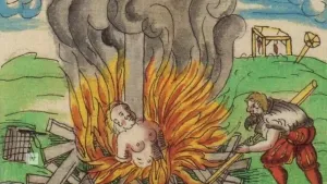 Een illustratie van een vrouw op een brandstapel.