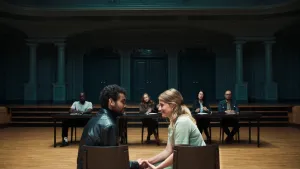 Twee acteurs zitten op stoelen onderin beeld naast elkaar en houden elkaars handen vast. Erachter is een jury te zien die ernaar kijkt