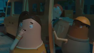 Twee animatiefiguren staan naast elkaar. Eentje houdt de hand voor de mond. 