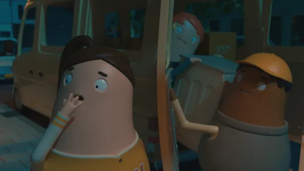 Twee animatiefiguren staan naast elkaar. Eentje houdt de hand voor de mond. 