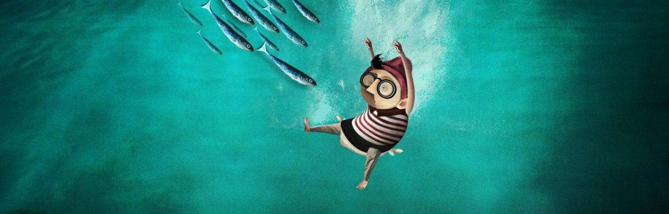 Animatiefiguur in de zee. Er komen vissen op hem afgezwommen.