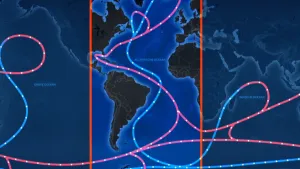 Wereldkaart met daarop aangegeven de koude en warme golfstromen in de Atlantische Oceaan.