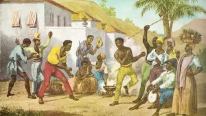 Een schilderij van dansende zwarte mannen voor een plantage-huis. Om hen heen zitten mannen en vrouwen die muziekinstrumenten bespelen, zoals trommels en snaarinstrumenten.