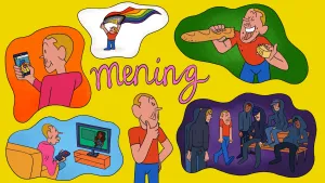 Illustratie van mennetje tussen allemaal wolkjes met dingen die zijn mening vormen, zoals ervaringen, media, apps, normen en waarden.