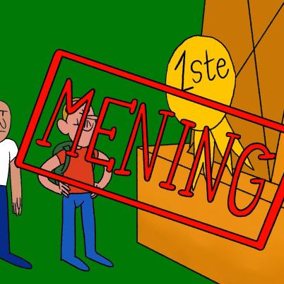 Illustratie van poppetjes bij Eiffeltoren en het opschrift 'mening'.