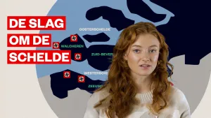 Foto van zangeres Froukje voor een grafische kaart van Zeeland, waarop met swastika's is aangegeven welke delen in handen zijn van de Nazi's tijdens de Tweede Wereldoorlog. Eroverheen in grote letters de tekst 'De slag om de Schelde'.