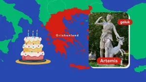 Illustratie van kaart van Griekenland met illustratie van een taart met kaarsjes en een foto van een standbeeld van de godin Artemis, de godin van geluk.