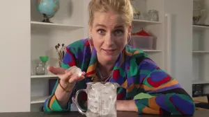 Janouk heeft een maatbeker met ijs erin voor zich staan. Ze heeft een ijsklontje beet.