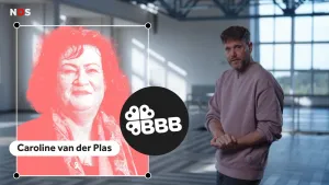 Een foto van presentator Emil naast een foto van Caroline van der Plas. Daarbij staat het logo van de politieke partij BBB, dat op een klavertjevier lijkt met de letters BBB.