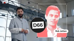 Een foto van presentator Devran naast een foto van Rob Jetten, de lijsttrekker van de politieke partij D66. Bij de foto van Rob Jetten staat de naam van de partij, D66.