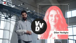 Een foto van presentator Devran naast een foto van Dilan Yesilgöz, lijsttrekker van de politieke partij VVD.  Bij de foto staat het logo van de partij, de letters VVD in dikgedrukte letters.