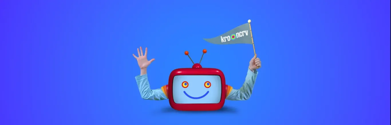 Een afbeelding van een televisie met twee armen omhoog, in de ene arm houdt hij een vlaggetje met KRONCRV erop.