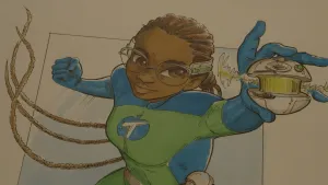 Een foto van een illustratie van presentatrice Tirsa als superheld. Ze steekt een metalen appel in de lucht. Er komt groene straling uit. Ze draagt een röntgenbril en een strak superheldenpak.