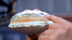 Foto van Sint Jacobsschelp met allemaal kleine blauwe oogjes op de randen.