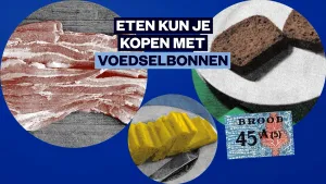 Illustratie van verschillende soorten voedsel die in de oorlog te koop waren met voedselbonnen: vlees, brood en boter.