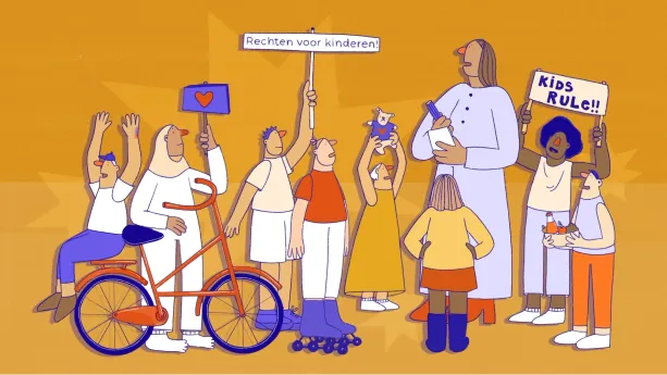 Illustratie van groep kinderen bij vrouw met notitieboek, kinderen houden borden omhoog met hartjes, rechten voor kinderen en kids rule.