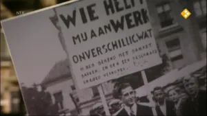 Foto van een foto met mand die in de oorlog zoekt naar werk.